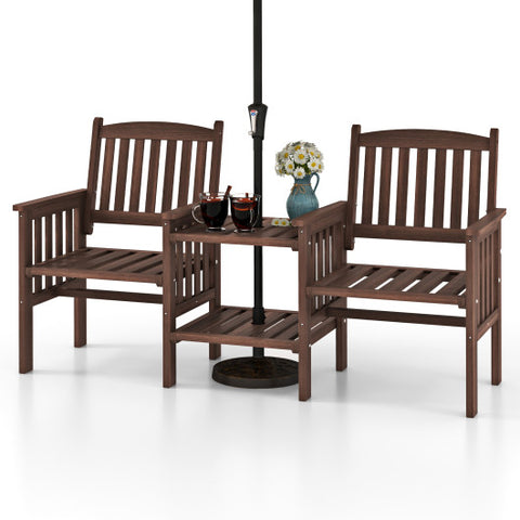 Outdoor Fir Wood Loveseat with 2-Tier Side Table and 1.96" Umbrella Hole-Coffee