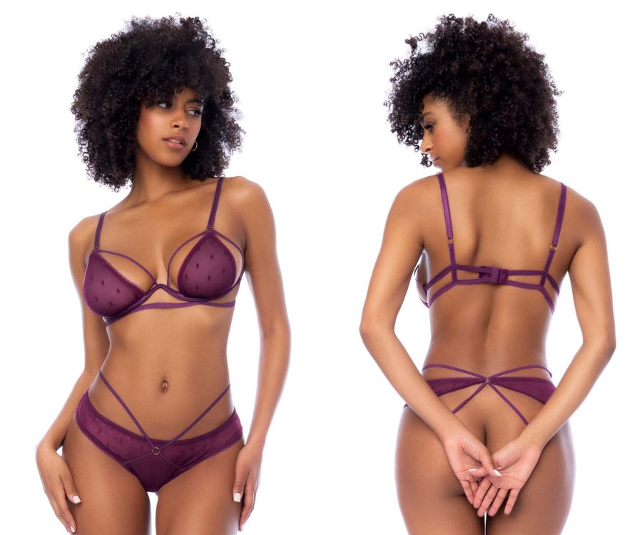 Dot Mesh Underwire Top w/Open Back Panty - Wine