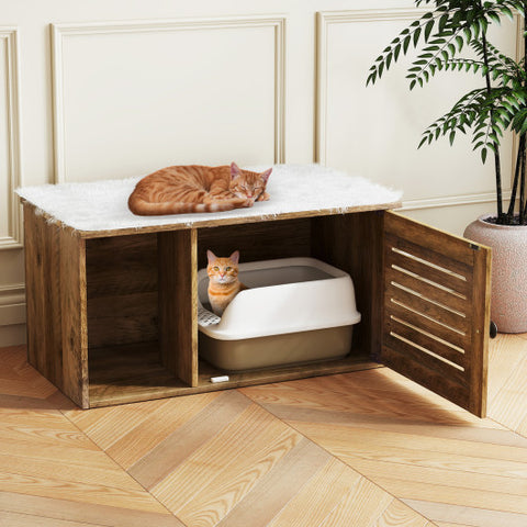 Cat Litter Box Enclosure with Louvered Door and Open Compartment