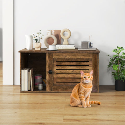 Cat Litter Box Enclosure with Louvered Door and Open Compartment