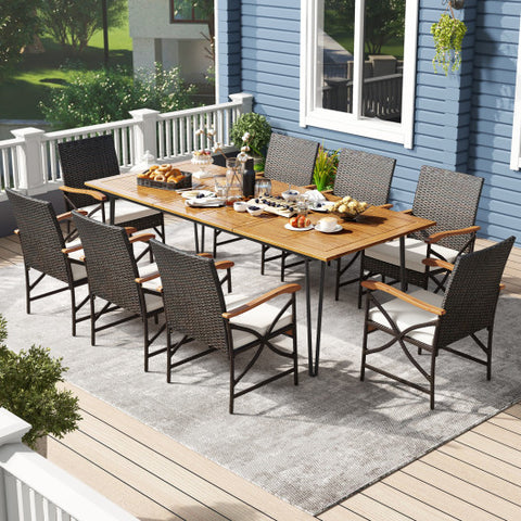 Wicker Patio Furniture Set of 8 Armchairs with Soft Cushions and Acacia Wood Square Table