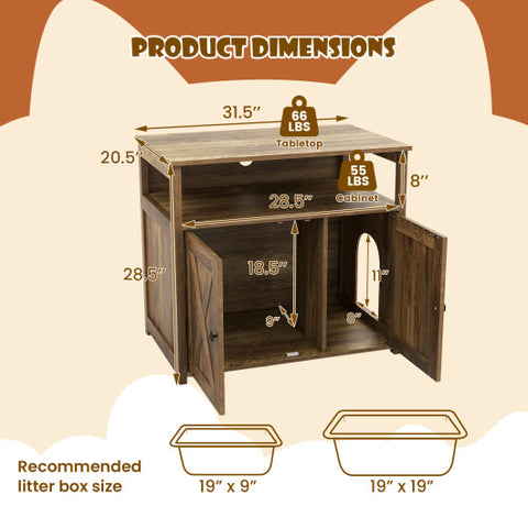 Cat Litter Box Enclosure with Double Barn Doors  Divider  Side Entry and Storage Shelf