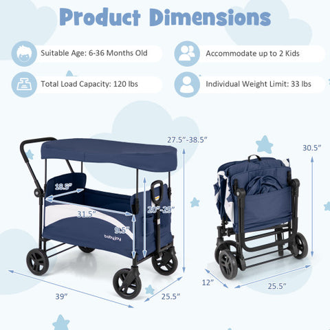 2-Seat Stroller Wagon with Adjustable Canopy and Handles-Navy