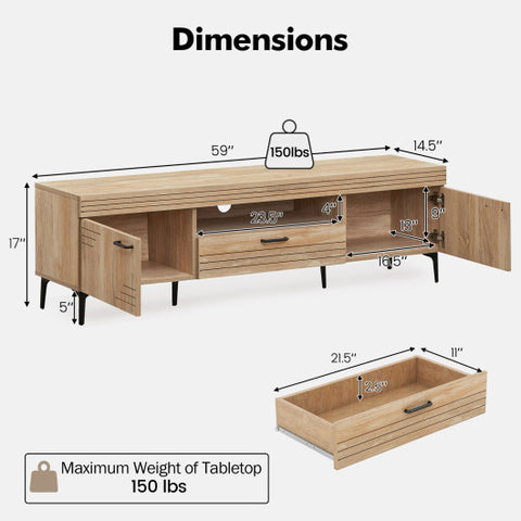 TV Stand with 2 Cabinets and Storage Drawer for 65 Inches TVs-Oak