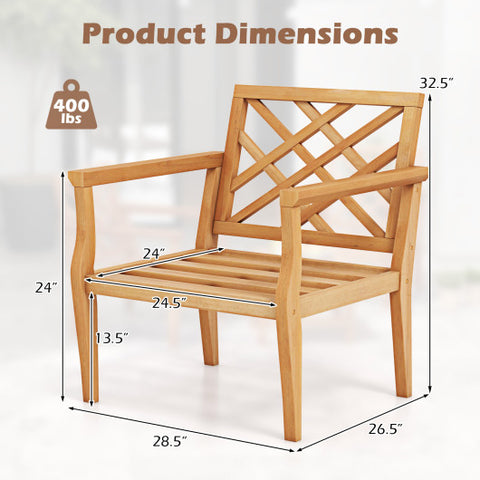 Teak Wood Slatted Patio Chair Armchair with Cozy Backrest and Armrests