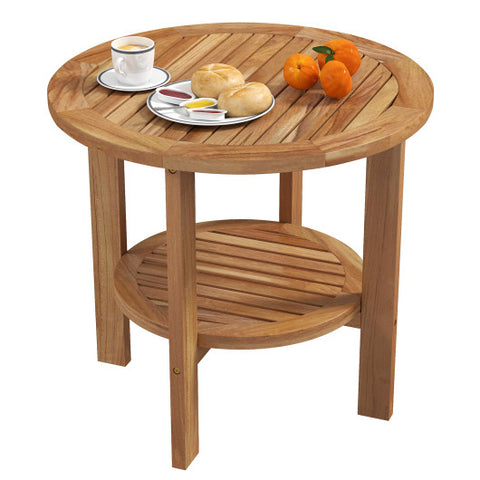 Outdoor Teak Wood Round Side Table Patio End Table with Slatted Storage Shelf