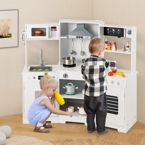 Pretend Play Kitchen Wooden Toy Set with Range Hood Real Sounds and Lights-White