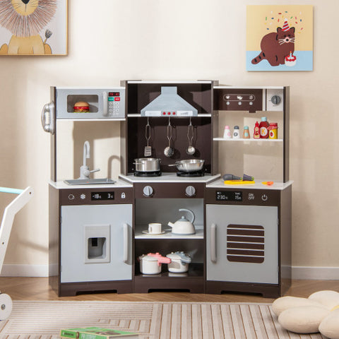 Pretend Play Kitchen Wooden Toy Set with Range Hood Real Sounds and Lights-Brown