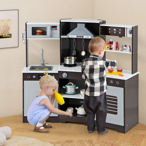 Pretend Play Kitchen Wooden Toy Set with Range Hood Real Sounds and Lights-Brown