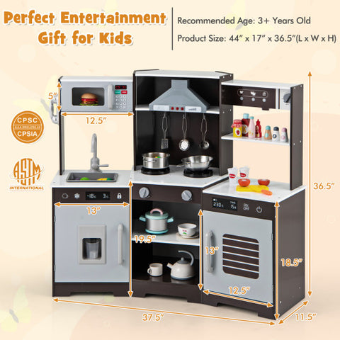 Pretend Play Kitchen Wooden Toy Set with Range Hood Real Sounds and Lights-Brown