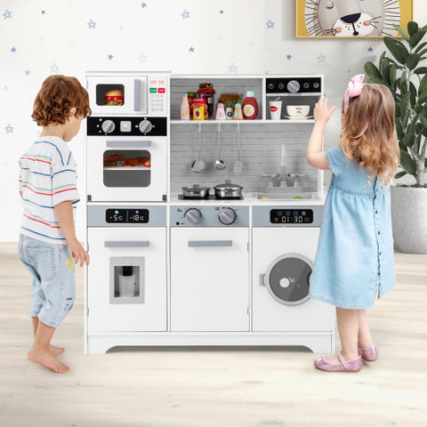 Pretend Play Kitchen Wooden Toy Set Kitchen Accessory Playset with Real Lights Sounds-White