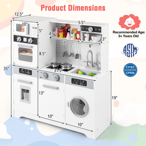 Pretend Play Kitchen Wooden Toy Set Kitchen Accessory Playset with Real Lights Sounds-White