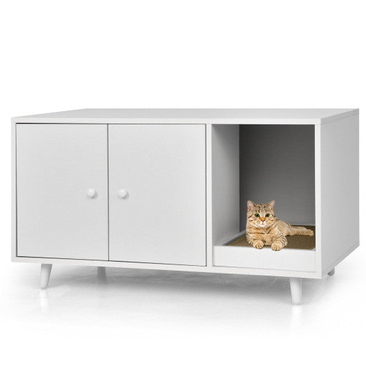 Cat Litter Box Enclosure with Divider and Double Doors-White