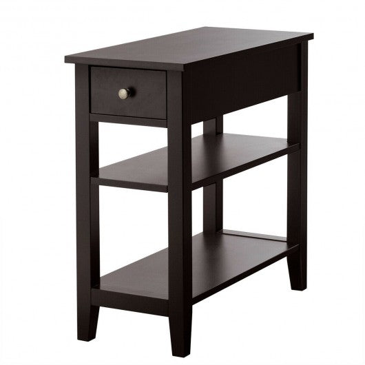 3-Tier Nightstand Bedside Table Sofa Side with Double Shelves Drawer-Coffee