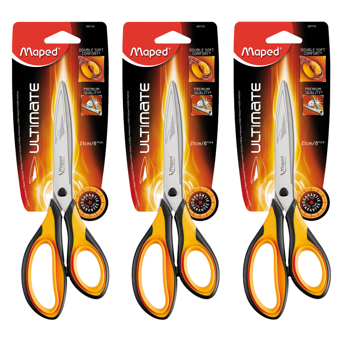 8" Ultimate Scissors With Double Soft Rings, Pack of 3