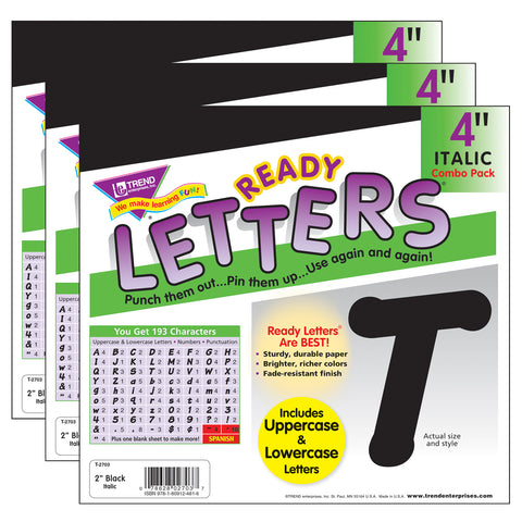 Black 4-Inch Italic Uppercase/Lowercase Combo Pack (EN/SP) Ready Letters®, 193 Per Pack, 3 Packs