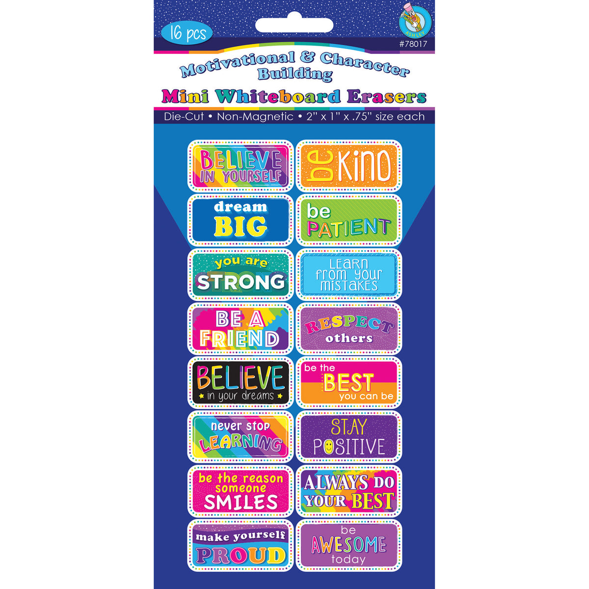 Non-Magnetic Mini Whiteboard Erasers, Motivational/Character Building, Pack of 16