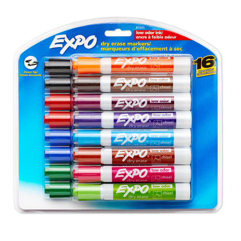 Low Odor Dry Erase Marker, Chisel Tip, Assorted, Pack of 16