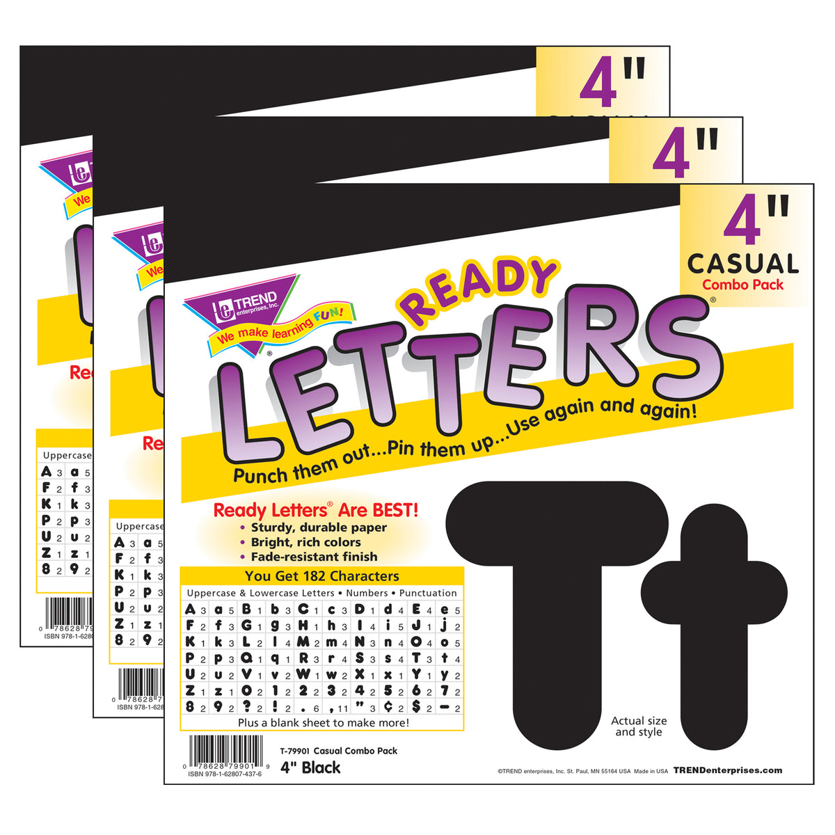 Black 4-Inch Casual Uppercase/Lowercase Combo Pack Ready Letters®, 182 Per Pack, 3 Packs