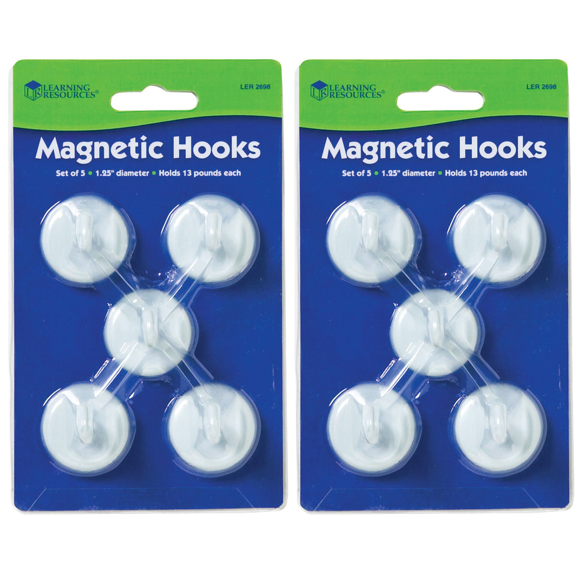 Magnetic Hooks, 1.25" Diameter, White, 5 Per Pack, 2 Packs