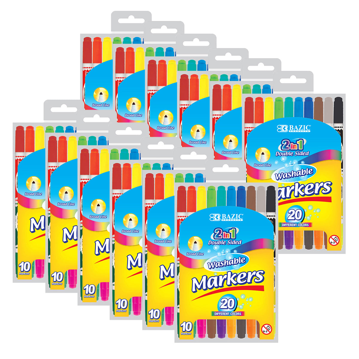 Washable Markers, Double-Tip, 16 Colors, 8 Per Pack, 12 Packs