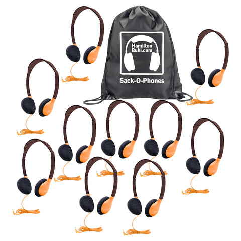 Sack-O-Phones, 10 Personal Headphones in a Carry Bag, Orange