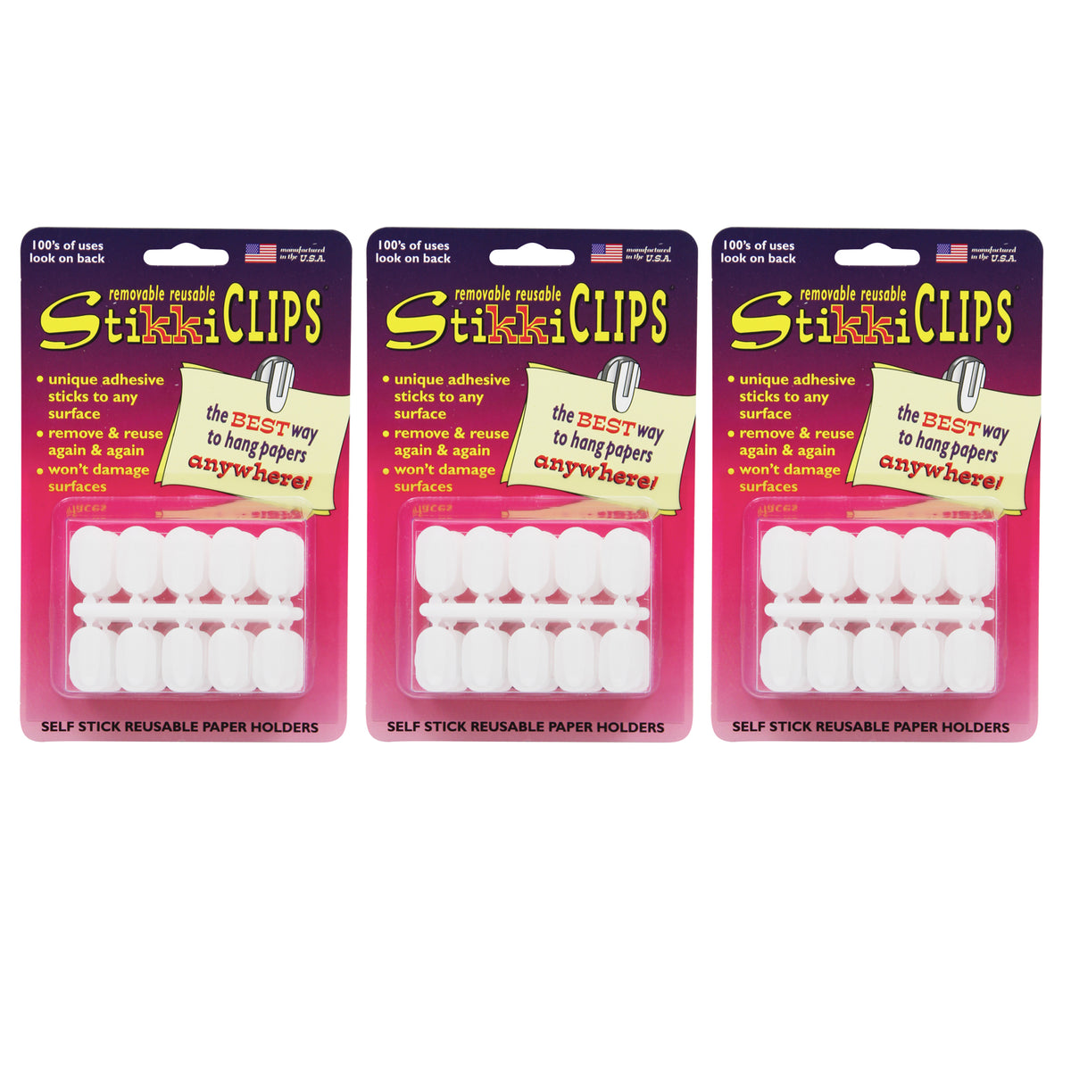 StikkiCLIPS™ Adhesive Clips, White, 30 Per Pack, 3 Packs