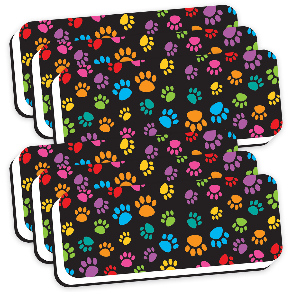 Magnetic Whiteboard Eraser, Colorful Assorted Paw Pattern, 2" x 5", Pack of 6