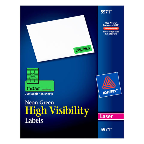 High-Visibility Labels, Permanent Adhesive, Neon Green, 1" x 2-5/8", 750 Labels