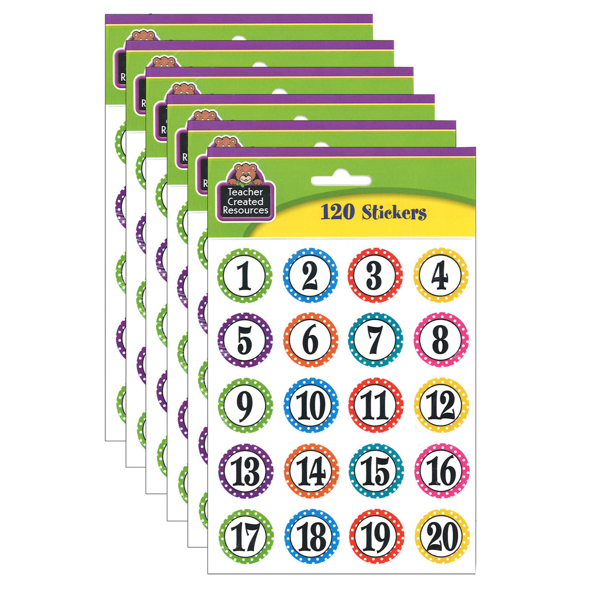 Polka Dots Numbers Stickers, 120 Per Pack, 6 Packs