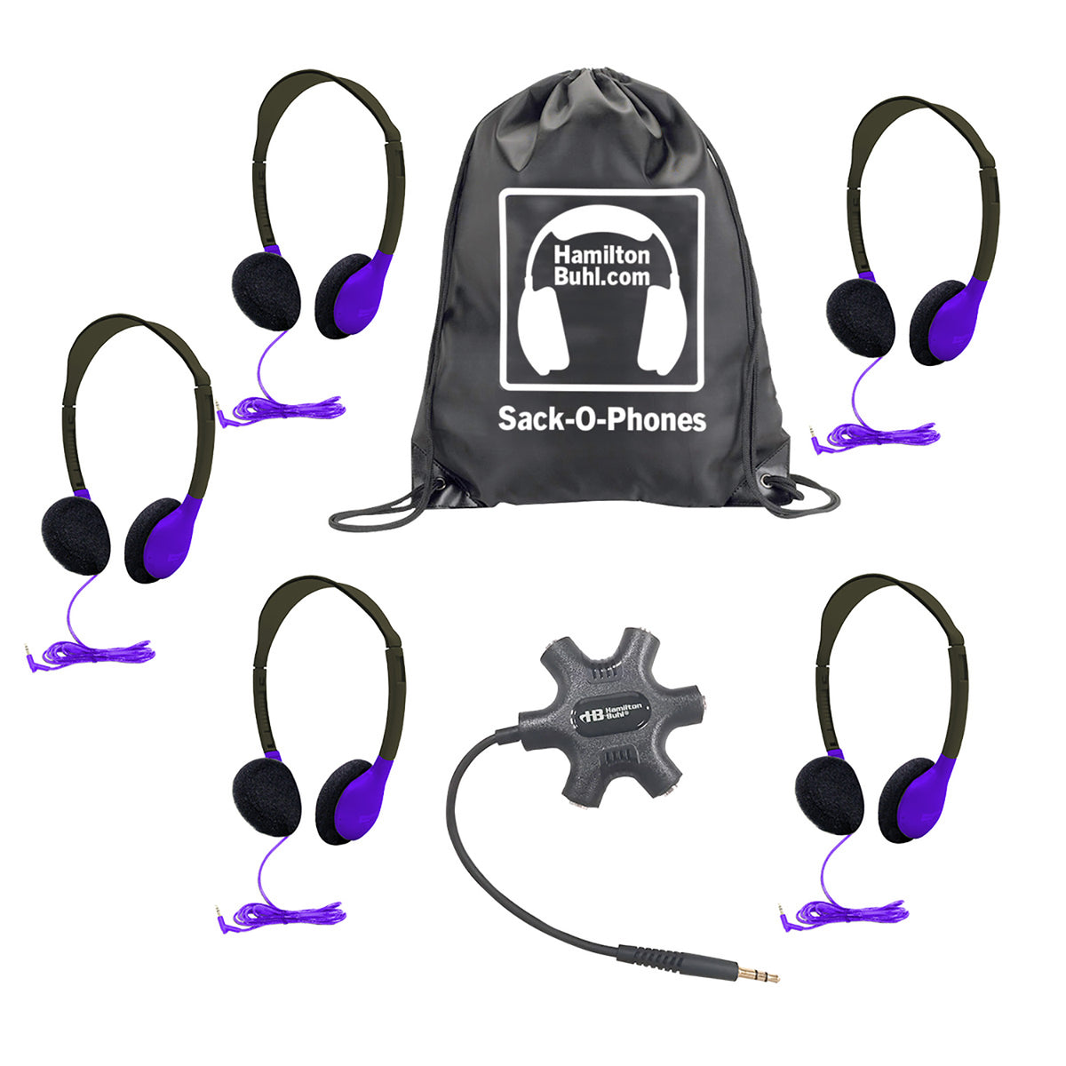 Galaxy™ Econo-Line of Sack-O-Phones with 5 Purple Personal-Sized Headphones, Starfish Jackbox and Carry Bag