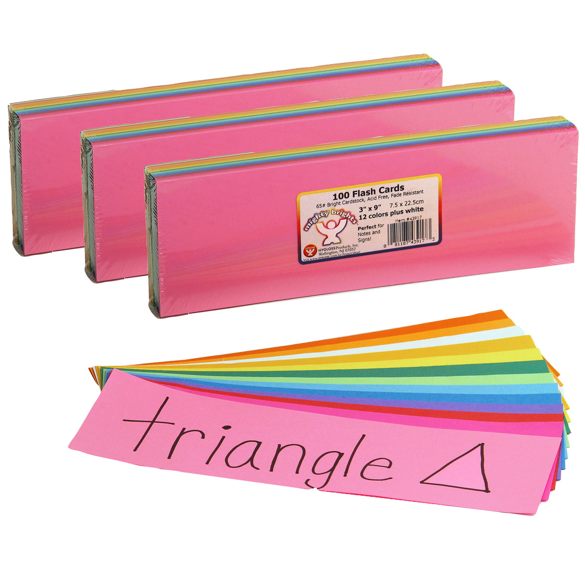 Bright Flash Cards, 3" x 9", 100 Per Pack, 3 Packs