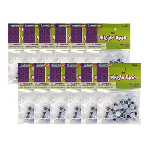 Wiggle Eyes, Black, 10 mm, 50 Per Pack, 12 Packs