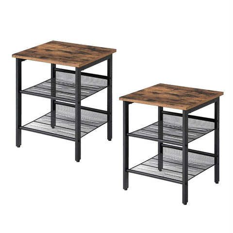 Set of 2 Side Table Nightstand with Medium Wood Finish Top and Mesh Shelves