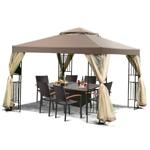 10 x 10 Ft Outdoor Patio Gazebo with Taupe Brown Canopy and Mesh Sidewalls