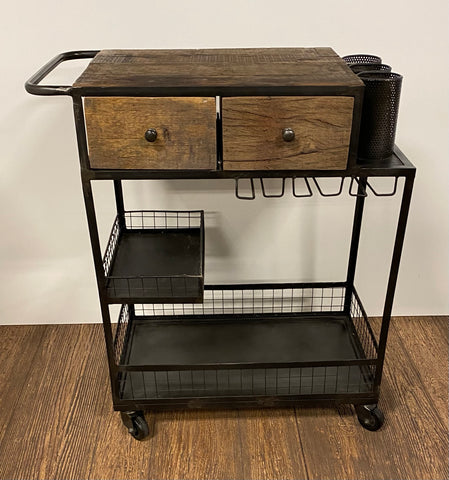 Rolling Rustic Black and Natural Bar Cart