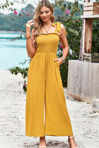 Frill Trim Tie Shoulder Wide Leg Jumpsuit with Pockets