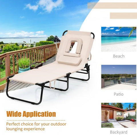 Outdoor Folding Chaise Beach Pool Patio Lounge Chair Bed with Adjustable Back and Hole-Beige