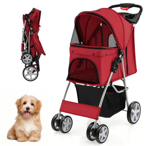 Folding Pet Stroller with Storage Basket and Adjustable Canopy-Red