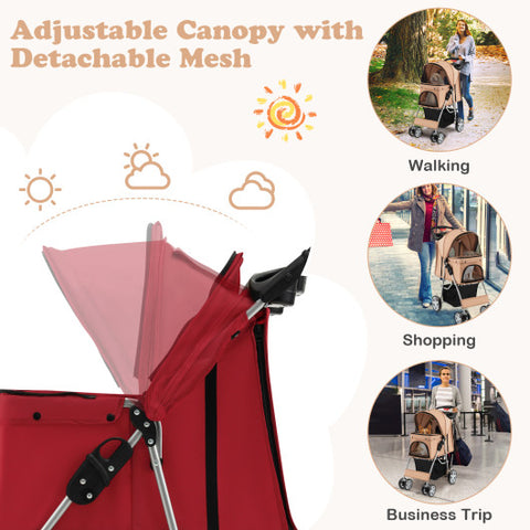 Folding Pet Stroller with Storage Basket and Adjustable Canopy-Red