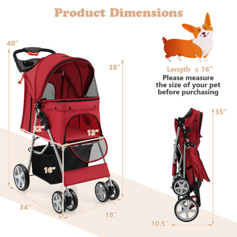 Folding Pet Stroller with Storage Basket and Adjustable Canopy-Red