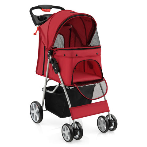 Folding Pet Stroller with Storage Basket and Adjustable Canopy-Red