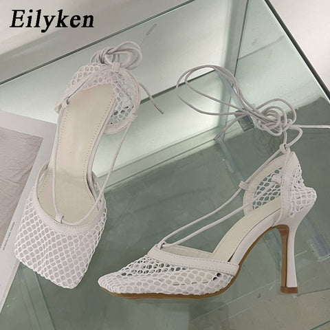 Eilyken Fashion Hollow Breathable Mesh Square Toe Stiletto High Heels Women Pumps Ankle Lace-Up Elegant Dress Ladies Shoes