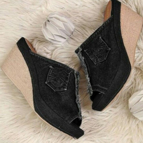 2023 Summer New Women's High Heels Fashion Denim Slippers Women Wedge Heel Platform Shoes Outdoor Beach Sandals Ladies Slippers