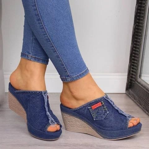 2023 Summer New Women's High Heels Fashion Denim Slippers Women Wedge Heel Platform Shoes Outdoor Beach Sandals Ladies Slippers