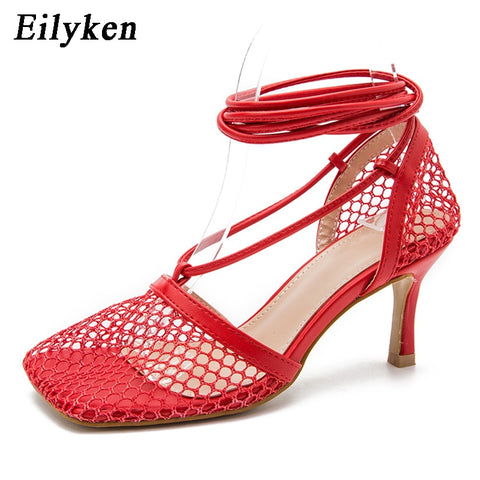 Eilyken Fashion Hollow Breathable Mesh Square Toe Stiletto High Heels Women Pumps Ankle Lace-Up Elegant Dress Ladies Shoes