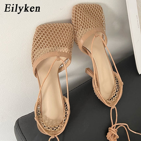 Eilyken Fashion Hollow Breathable Mesh Square Toe Stiletto High Heels Women Pumps Ankle Lace-Up Elegant Dress Ladies Shoes