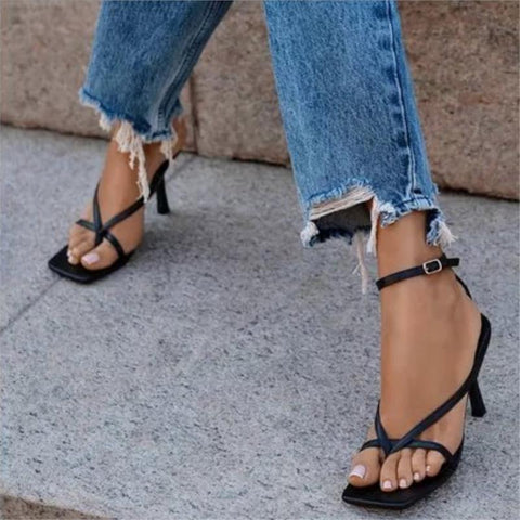 New Women High Sandals Flip Flops Solid Color Buckle Square Toe Ladies High Heels Summer Fashion Casual Outdoor Female Sandals