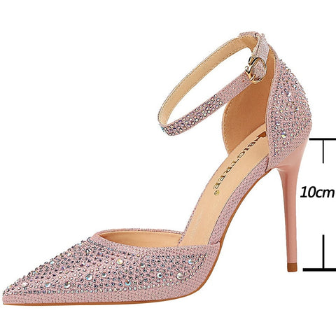 BIGTREE Shoes Shiny Rhinestones High Heels Ladies Shoes Women Pumps Stiletto Sweet Women Heels Wedding Shoes Women Sandals 10 Cm