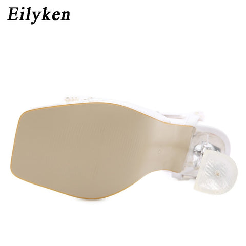 Eilyken New Women Sandals 2023 Summer Sexy Perspex Crystal High Heels Party Wedding Shoes Square Toe Pearls String Bowknot Pumps